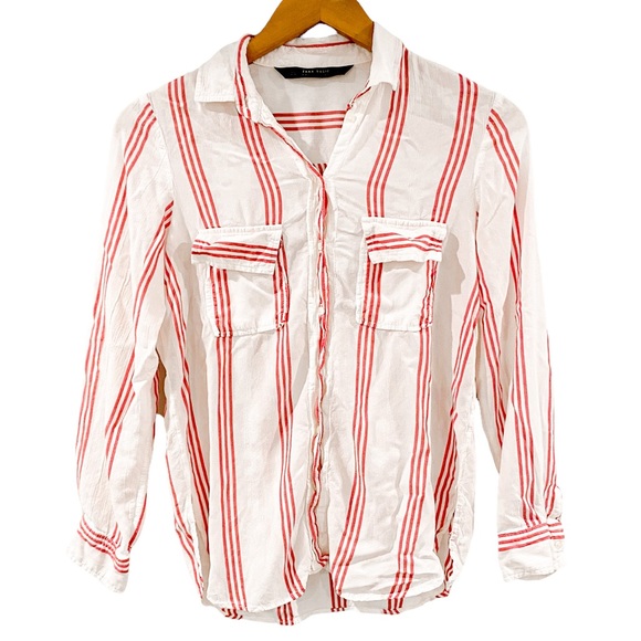 Zara Tops - Zara Button Down Shirt White Red Stripe Summer Beachy Lightweight Top Size XS